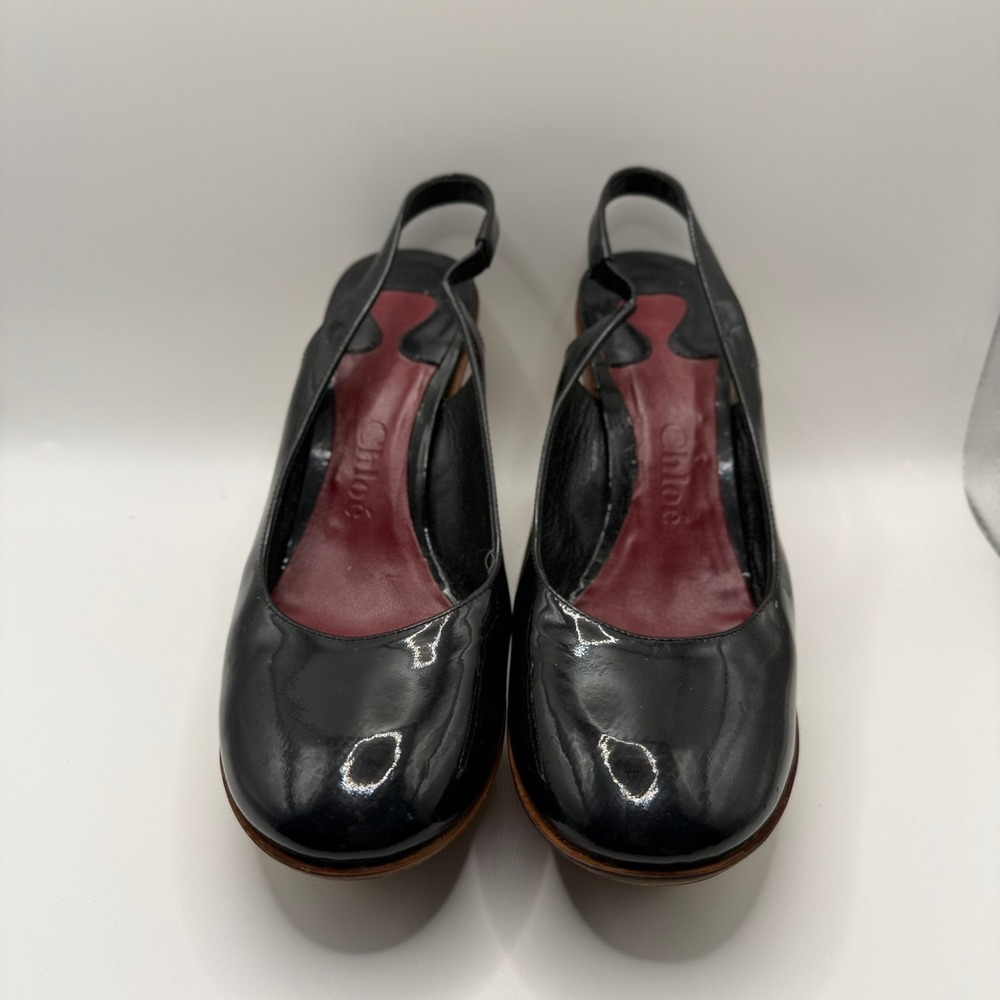 VTG Chloe Black‎ Patent Leather Slingback Wooden Wedge Platform Heels Italy 35